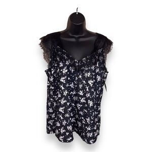 NEW LARGE BLACK WHITE FLORAL BLOUSE TANK TOP LACE ACCENT VNECK